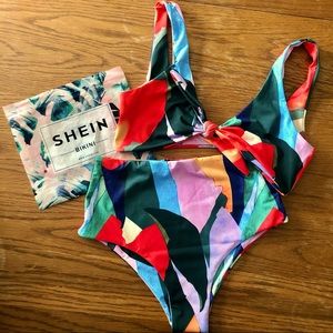 Knot Front High Waisted Bikini Swimsuit